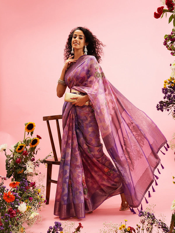 Lavender Cotton Digital Print Floral Saree with Unstitched Blouse - Hiral Fashion - Distacart