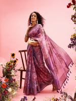 Thumbnail for Lavender Cotton Digital Print Floral Saree with Unstitched Blouse - Hiral Fashion - Distacart