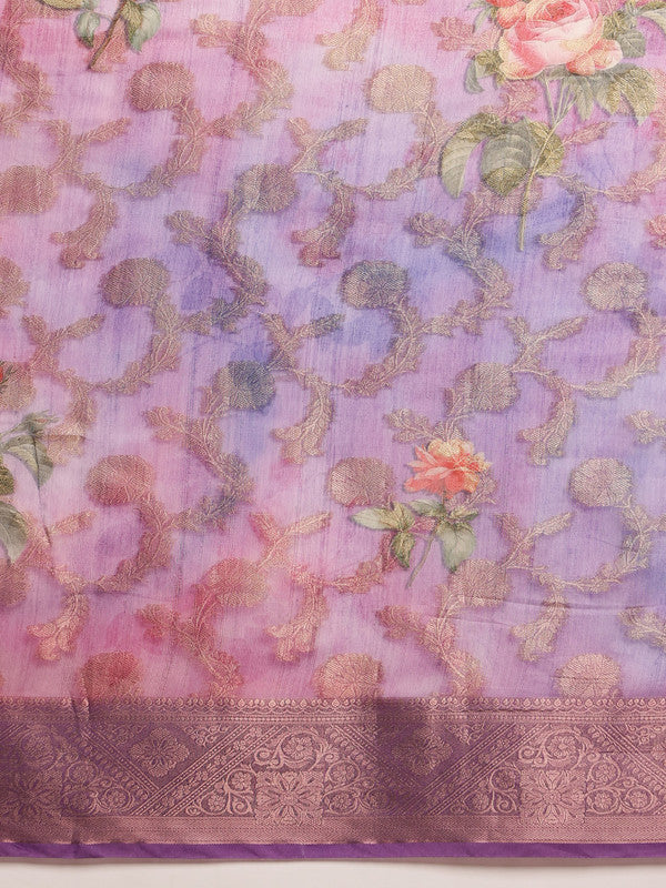 Lavender Cotton Digital Print Floral Saree with Unstitched Blouse - Hiral Fashion - Distacart