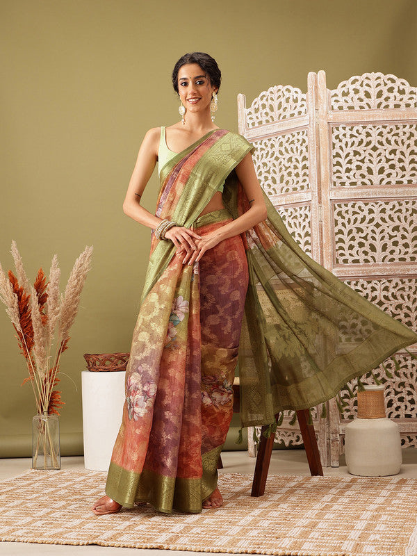 Olive Cotton Digital Print Floral Saree with Unstitched Blouse - Hiral Fashion - Distacart