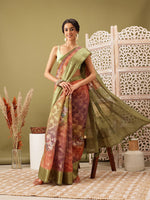 Thumbnail for Olive Cotton Digital Print Floral Saree with Unstitched Blouse - Hiral Fashion - Distacart