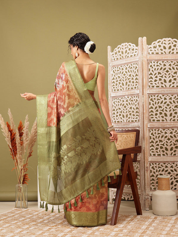 Olive Cotton Digital Print Floral Saree with Unstitched Blouse - Hiral Fashion - Distacart
