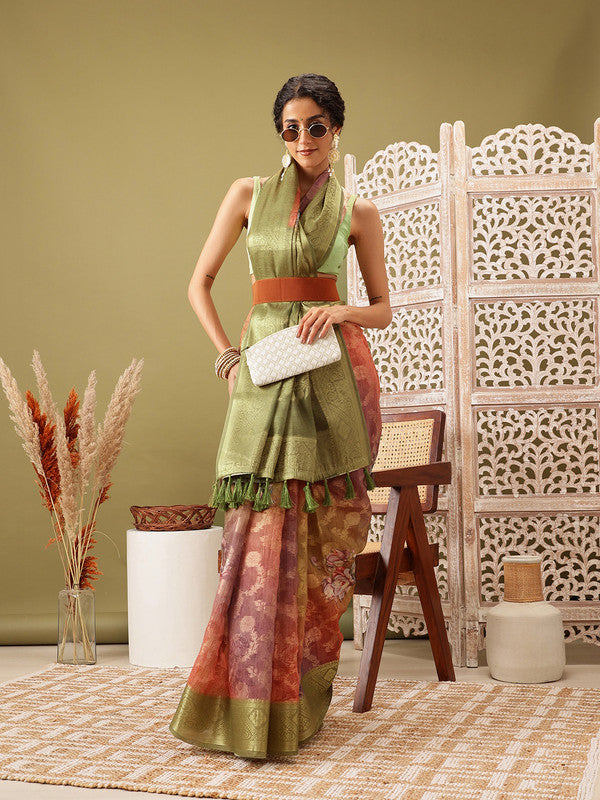 Olive Cotton Digital Print Floral Saree with Unstitched Blouse - Hiral Fashion - Distacart