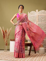 Thumbnail for Pink Cotton Digital Print Floral Saree with Unstitched Blouse - Hiral Fashion - Distacart