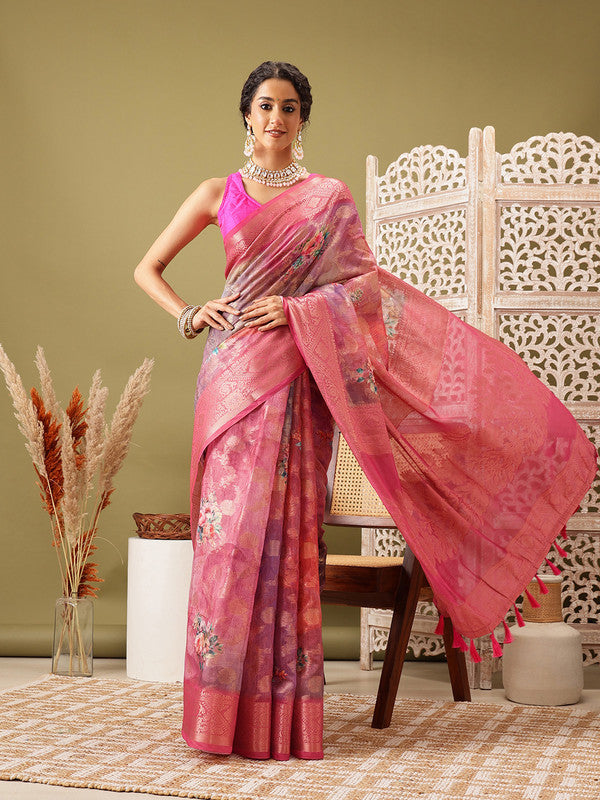 Pink Cotton Digital Print Floral Saree with Unstitched Blouse - Hiral Fashion - Distacart