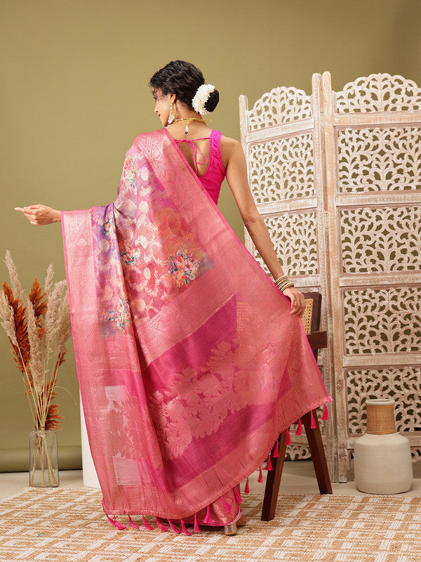 Pink Cotton Digital Print Floral Saree with Unstitched Blouse - Hiral Fashion - Distacart