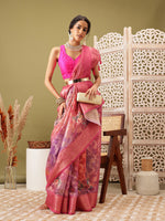 Thumbnail for Pink Cotton Digital Print Floral Saree with Unstitched Blouse - Hiral Fashion - Distacart