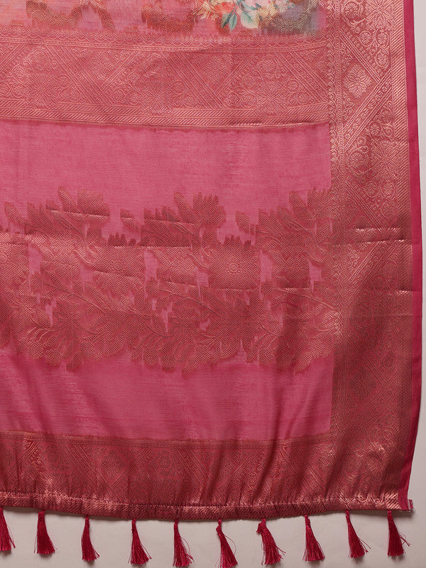 Pink Cotton Digital Print Floral Saree with Unstitched Blouse - Hiral Fashion - Distacart