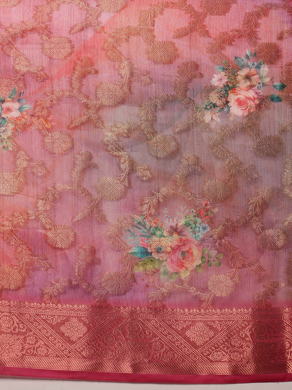 Pink Cotton Digital Print Floral Saree with Unstitched Blouse - Hiral Fashion - Distacart