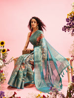 Thumbnail for Turquoise Cotton Digital Print Floral Saree with Unstitched Blouse - Hiral Fashion - Distacart