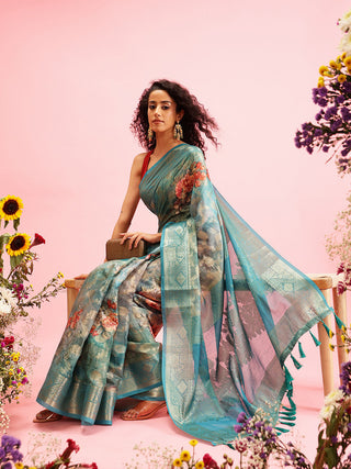 Turquoise Cotton Digital Print Floral Saree with Unstitched Blouse - Hiral Fashion - Distacart