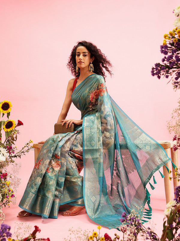 Turquoise Cotton Digital Print Floral Saree with Unstitched Blouse - Hiral Fashion - Distacart