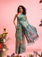 Thumbnail for Turquoise Cotton Digital Print Floral Saree with Unstitched Blouse - Hiral Fashion - Distacart