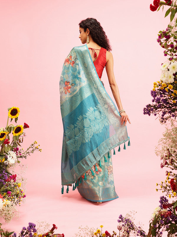 Turquoise Cotton Digital Print Floral Saree with Unstitched Blouse - Hiral Fashion - Distacart