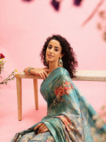 Thumbnail for Turquoise Cotton Digital Print Floral Saree with Unstitched Blouse - Hiral Fashion - Distacart