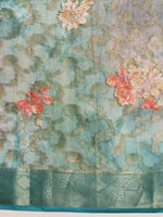 Thumbnail for Turquoise Cotton Digital Print Floral Saree with Unstitched Blouse - Hiral Fashion - Distacart