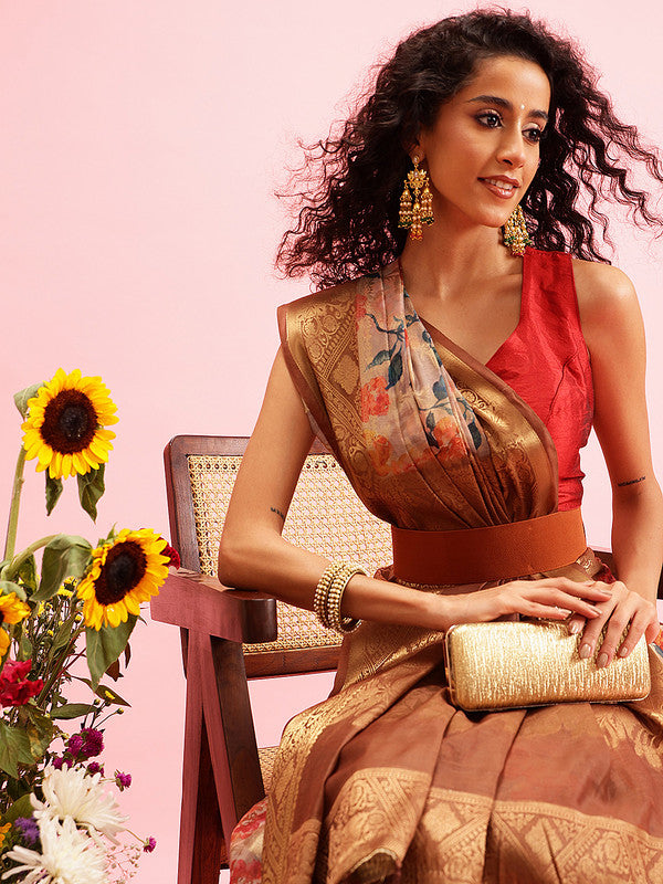 Beige Cotton Digital Print Floral Saree with Unstitched Blouse - Hiral Fashion - Distacart