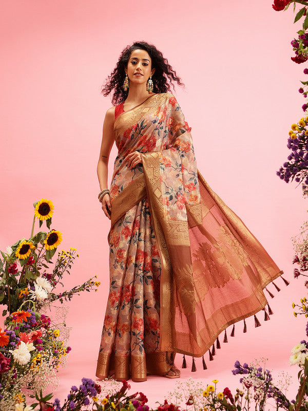 Beige Cotton Digital Print Floral Saree with Unstitched Blouse - Hiral Fashion - Distacart