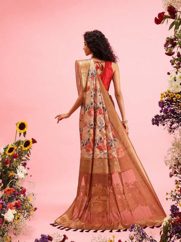 Beige Cotton Digital Print Floral Saree with Unstitched Blouse - Hiral Fashion - Distacart