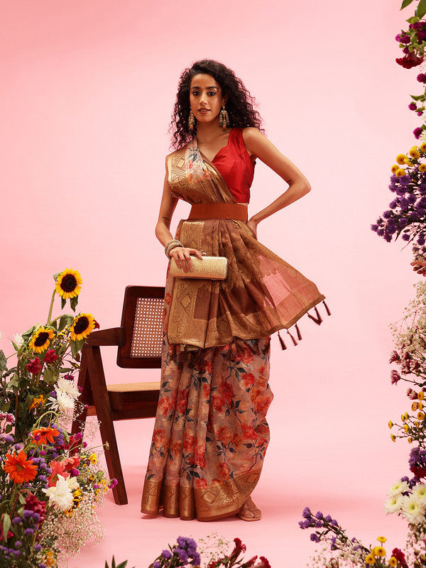 Beige Cotton Digital Print Floral Saree with Unstitched Blouse - Hiral Fashion - Distacart