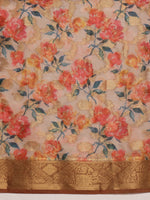 Thumbnail for Beige Cotton Digital Print Floral Saree with Unstitched Blouse - Hiral Fashion - Distacart