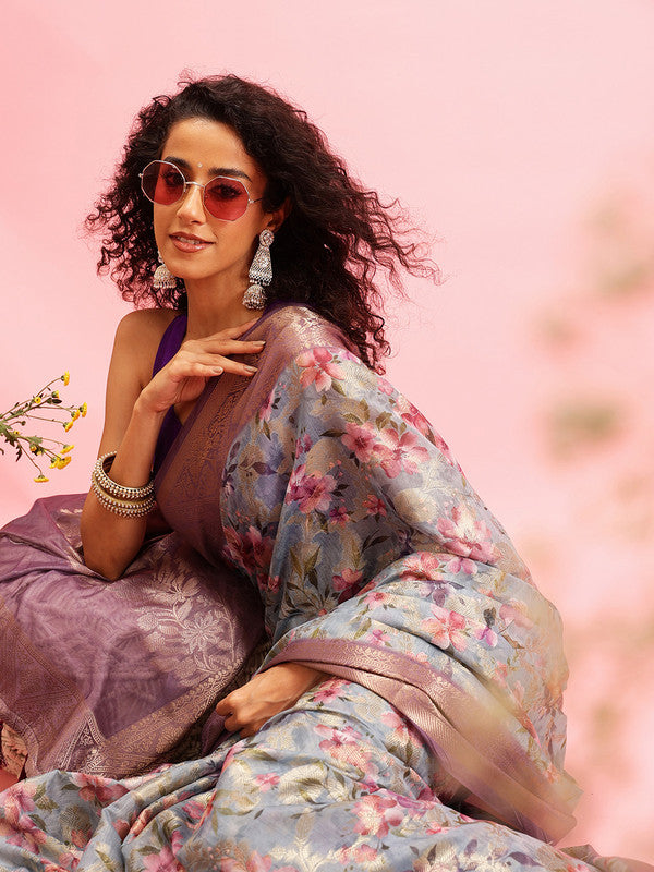Gray Cotton Digital Print Floral Saree with Unstitched Blouse - Hiral Fashion - Distacart