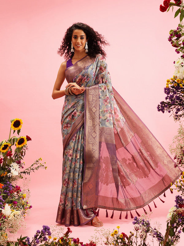 Gray Cotton Digital Print Floral Saree with Unstitched Blouse - Hiral Fashion - Distacart