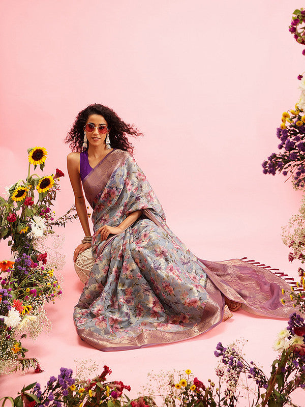 Gray Cotton Digital Print Floral Saree with Unstitched Blouse - Hiral Fashion - Distacart