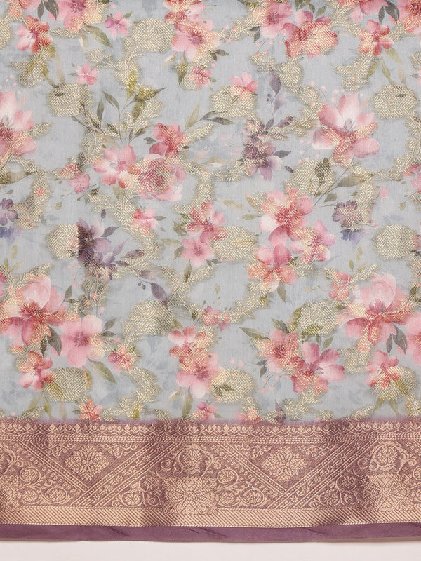 Gray Cotton Digital Print Floral Saree with Unstitched Blouse - Hiral Fashion - Distacart