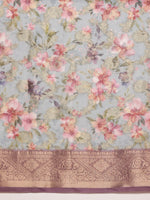Thumbnail for Gray Cotton Digital Print Floral Saree with Unstitched Blouse - Hiral Fashion - Distacart