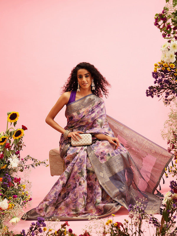Lavender Cotton Digital Print Floral Saree with Unstitched Blouse - Hiral Fashion - Distacart