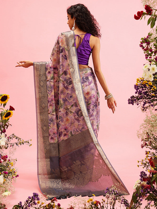 Lavender Cotton Digital Print Floral Saree with Unstitched Blouse - Hiral Fashion - Distacart