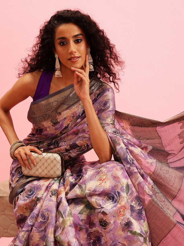 Lavender Cotton Digital Print Floral Saree with Unstitched Blouse - Hiral Fashion - Distacart