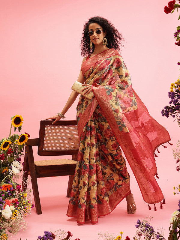 Mustard Cotton Digital Print Floral Saree with Unstitched Blouse - Hiral Fashion - Distacart