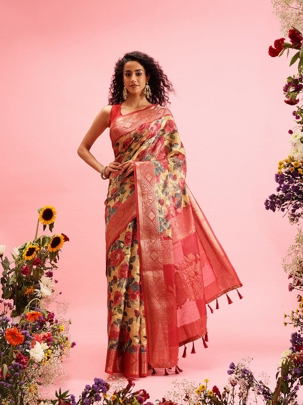 Mustard Cotton Digital Print Floral Saree with Unstitched Blouse - Hiral Fashion - Distacart