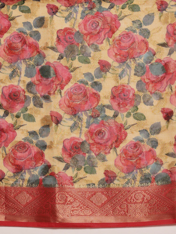 Mustard Cotton Digital Print Floral Saree with Unstitched Blouse - Hiral Fashion - Distacart