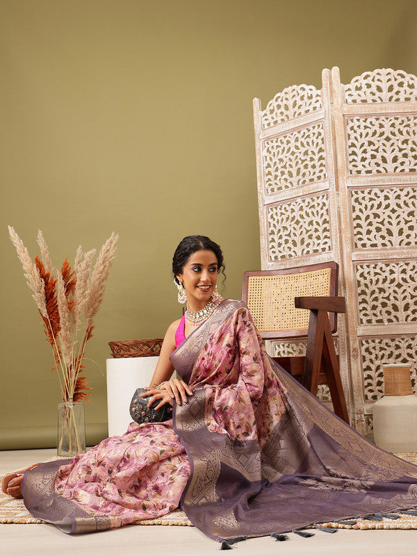 Pink Cotton Digital Print Floral Saree with Unstitched Blouse - Hiral Fashion - Distacart