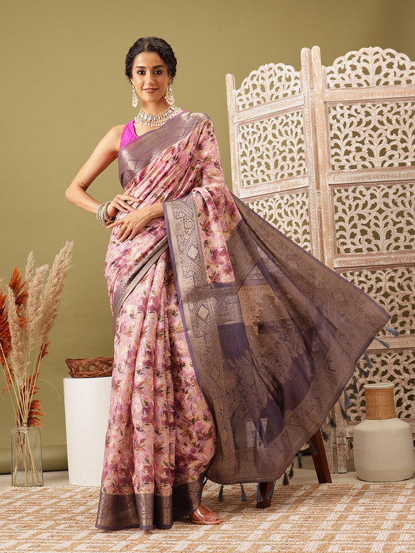 Pink Cotton Digital Print Floral Saree with Unstitched Blouse - Hiral Fashion - Distacart