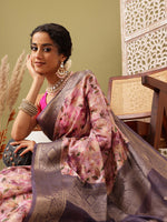 Thumbnail for Pink Cotton Digital Print Floral Saree with Unstitched Blouse - Hiral Fashion - Distacart