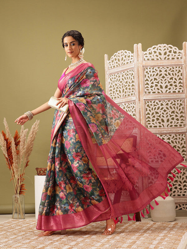 Turquoise Cotton Digital Print Floral Saree with Unstitched Blouse - Hiral Fashion - Distacart