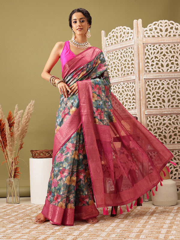 Turquoise Cotton Digital Print Floral Saree with Unstitched Blouse - Hiral Fashion - Distacart