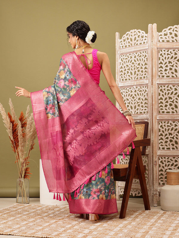 Turquoise Cotton Digital Print Floral Saree with Unstitched Blouse - Hiral Fashion - Distacart