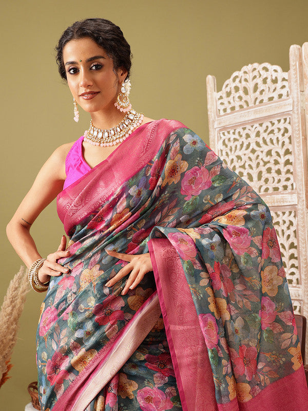 Turquoise Cotton Digital Print Floral Saree with Unstitched Blouse - Hiral Fashion - Distacart