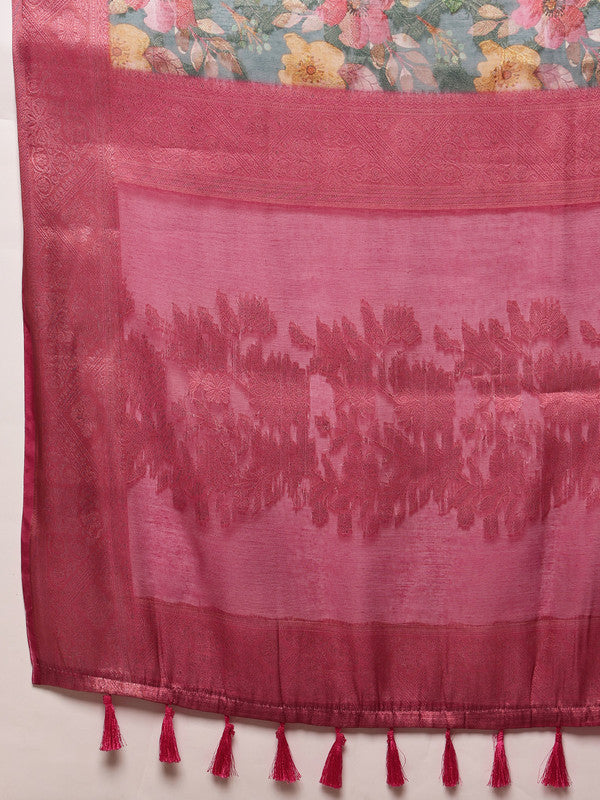 Turquoise Cotton Digital Print Floral Saree with Unstitched Blouse - Hiral Fashion - Distacart