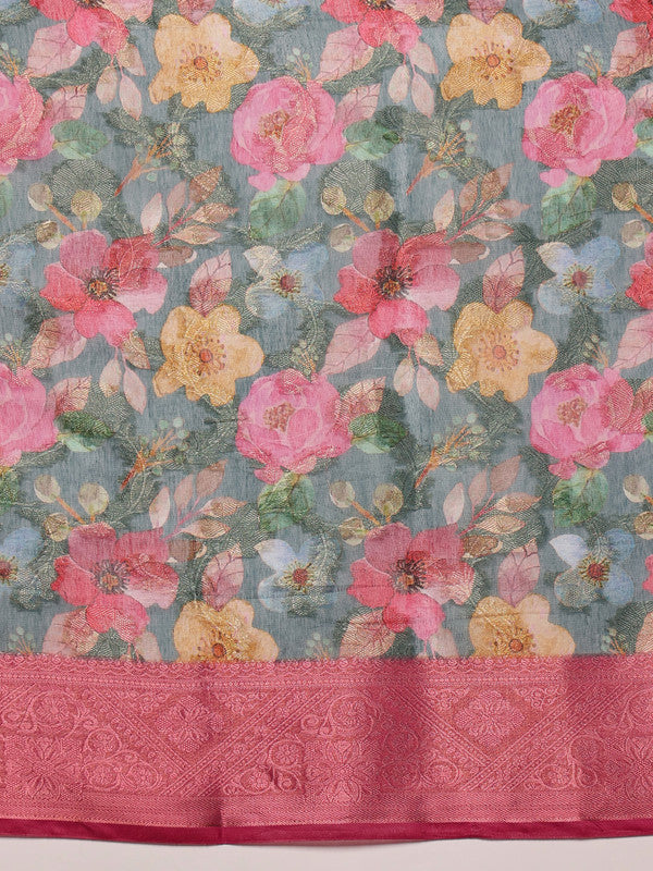 Turquoise Cotton Digital Print Floral Saree with Unstitched Blouse - Hiral Fashion - Distacart