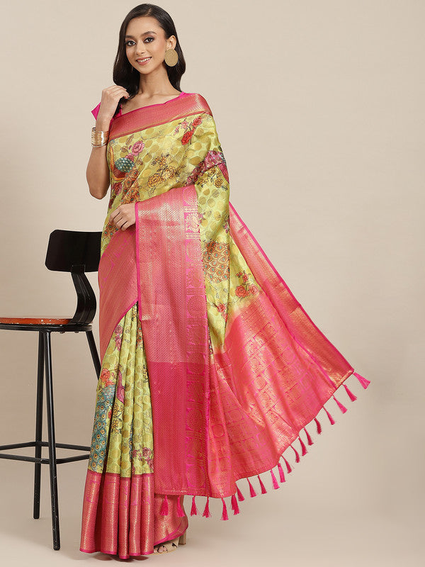 Green Art Silk Printed Polka Dots Saree with Unstitched Blouse - Hiral Fashion - Distacart