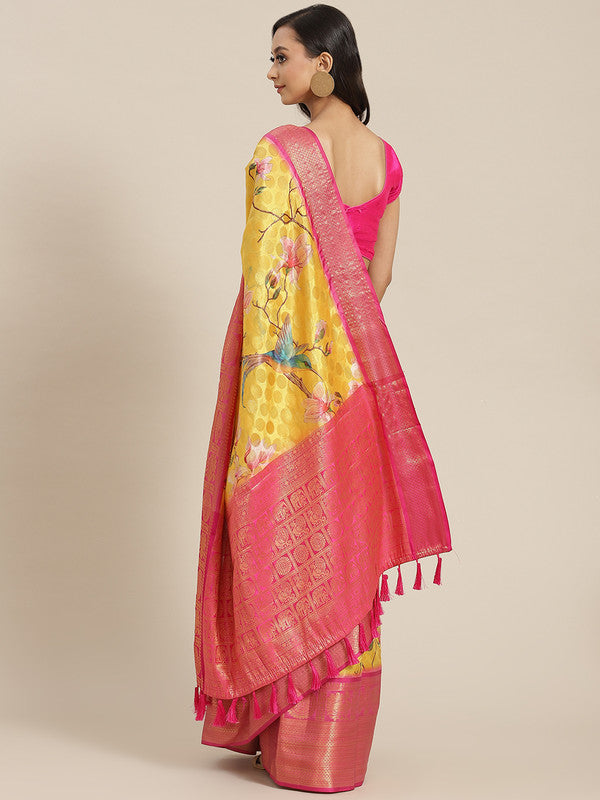Yellow Art Silk Printed Polka Dots Saree with Unstitched Blouse - Hiral Fashion - Distacart