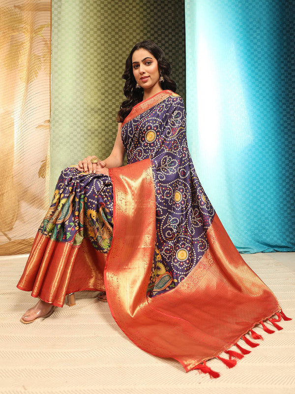 Blue Silk Blend Digital Print Bandhani Saree with Unstitched Blouse - Hiral Fashion - Distacart
