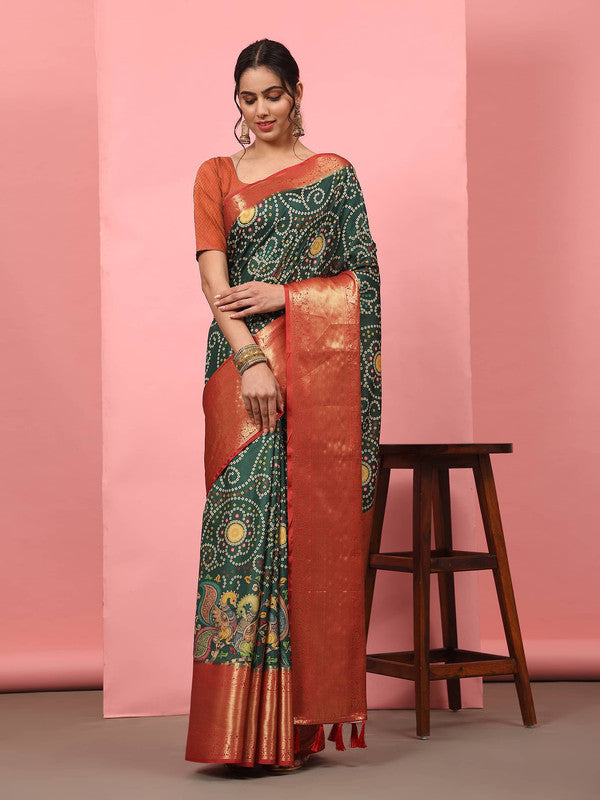 Green Silk Blend Digital Print Bandhani Saree with Unstitched Blouse - Hiral Fashion - Distacart