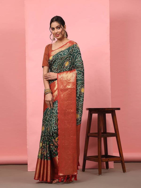 Green Silk Blend Digital Print Bandhani Saree with Unstitched Blouse - Hiral Fashion - Distacart